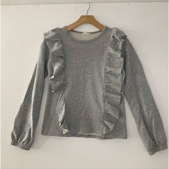 J.CREW Other - J.CREW CREWCUTS GIRLS GRAY LONG‎ SLEEVE CREWNECK RUFFLE TRIM SWEATSHIRT Sz 14
